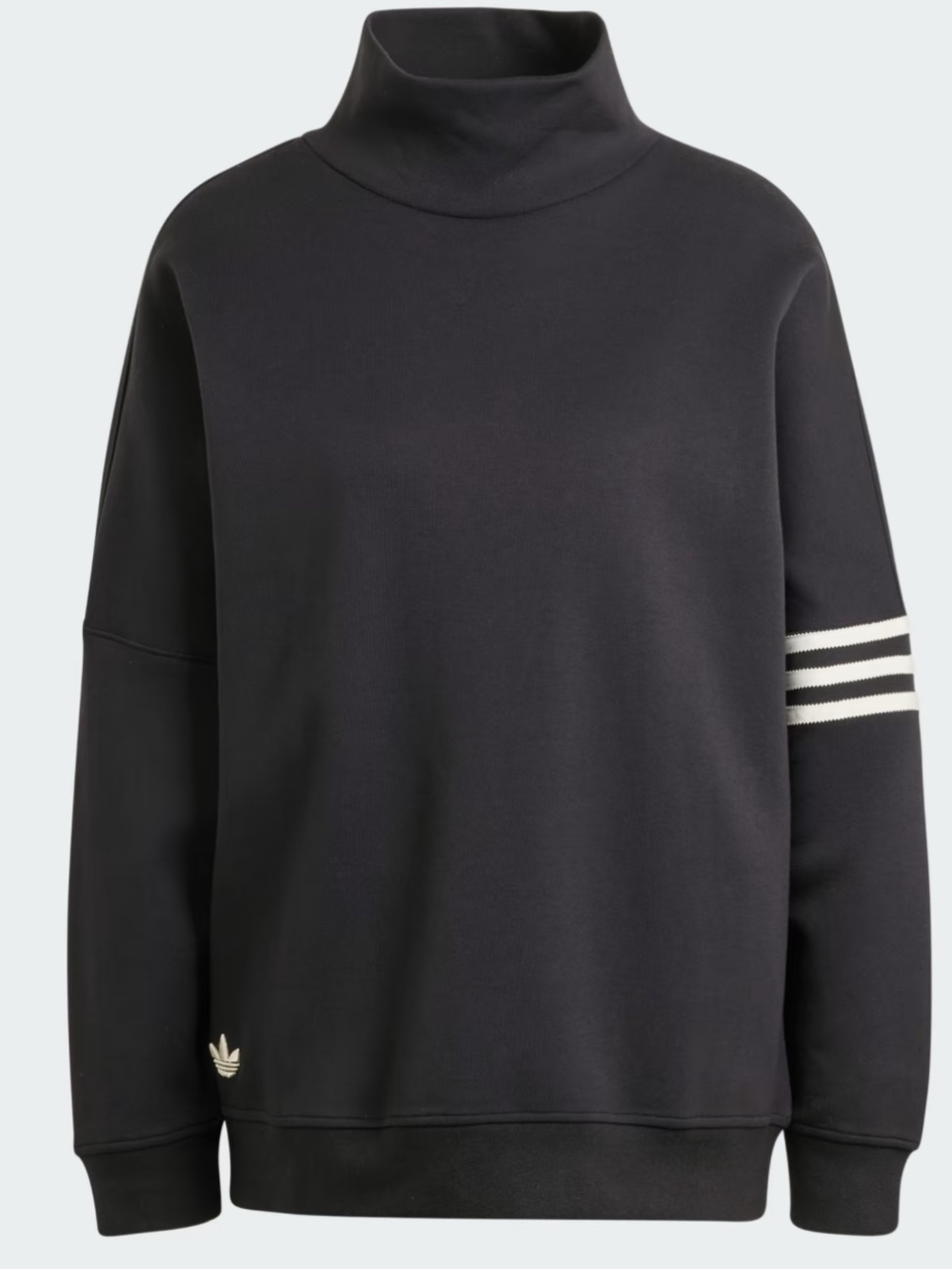 adidas Black Funnel Neck Sweatshirt with White Sleeve Stripes